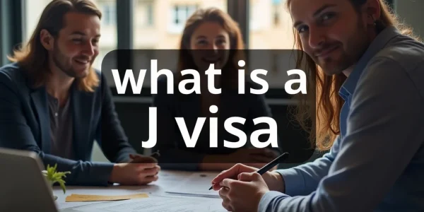 The image shows a diverse group of people interacting, illustrating the global exchange of the J Visa.