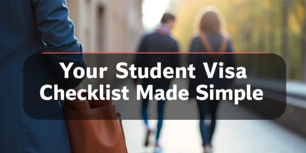 The image shows a simplified student visa checklist guide laid out neatly on a desk.